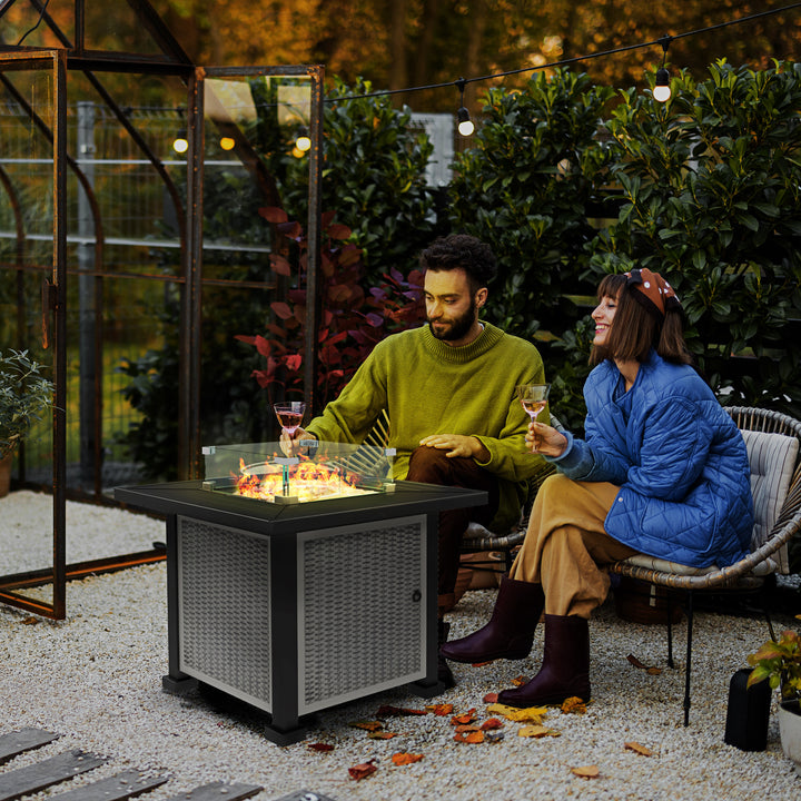 Outsunny Square Gas Fire Pit Table, Rattan Smokeless Fire Pit with Glass Screen and Beads, Lid, 50000 BTU, 81x81x64cm, Grey