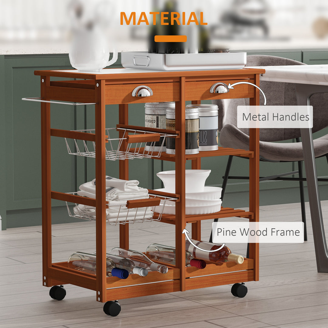 Rolling Kitchen Island Trolley Cart Drawer Shelves Basket Wheels W/ 6 Bottle Wine Rack, Honey Colour