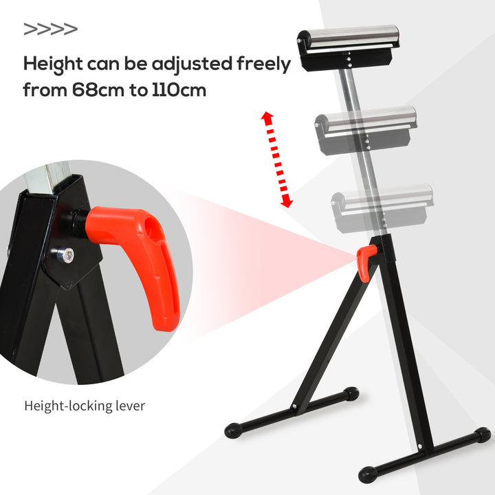Set of 2 Folding Roller Stand, Material Support Pedestal with Ball Bearing Roller Height Adjustable Portable, Metal Construction, Black