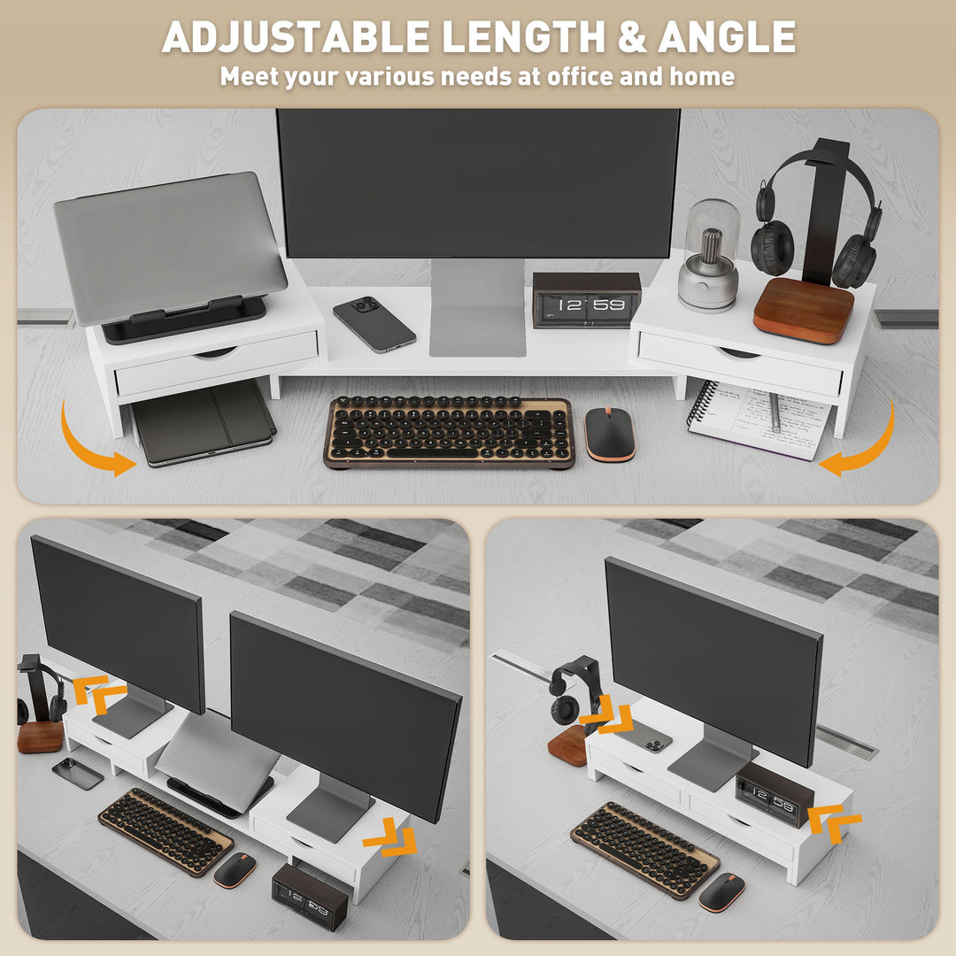Dual Monitor Stand Riser with 2 Drawers, Adjustable Length and Angle, 116cm Monitor Riser for Laptop, Computer, PC, Small Printer, White