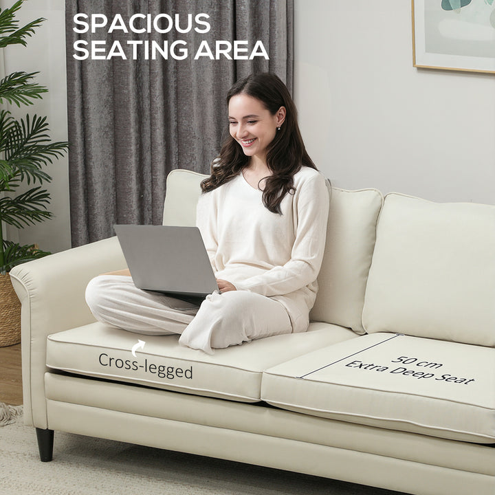 3 Seater Sofa, Modern Fabric Sofa Couch with Spring Cushion, Rubber Wood Legs, 191cm Upholstered Settee for Living Room, Bedroom, Home Office, Guest Room, Cream White