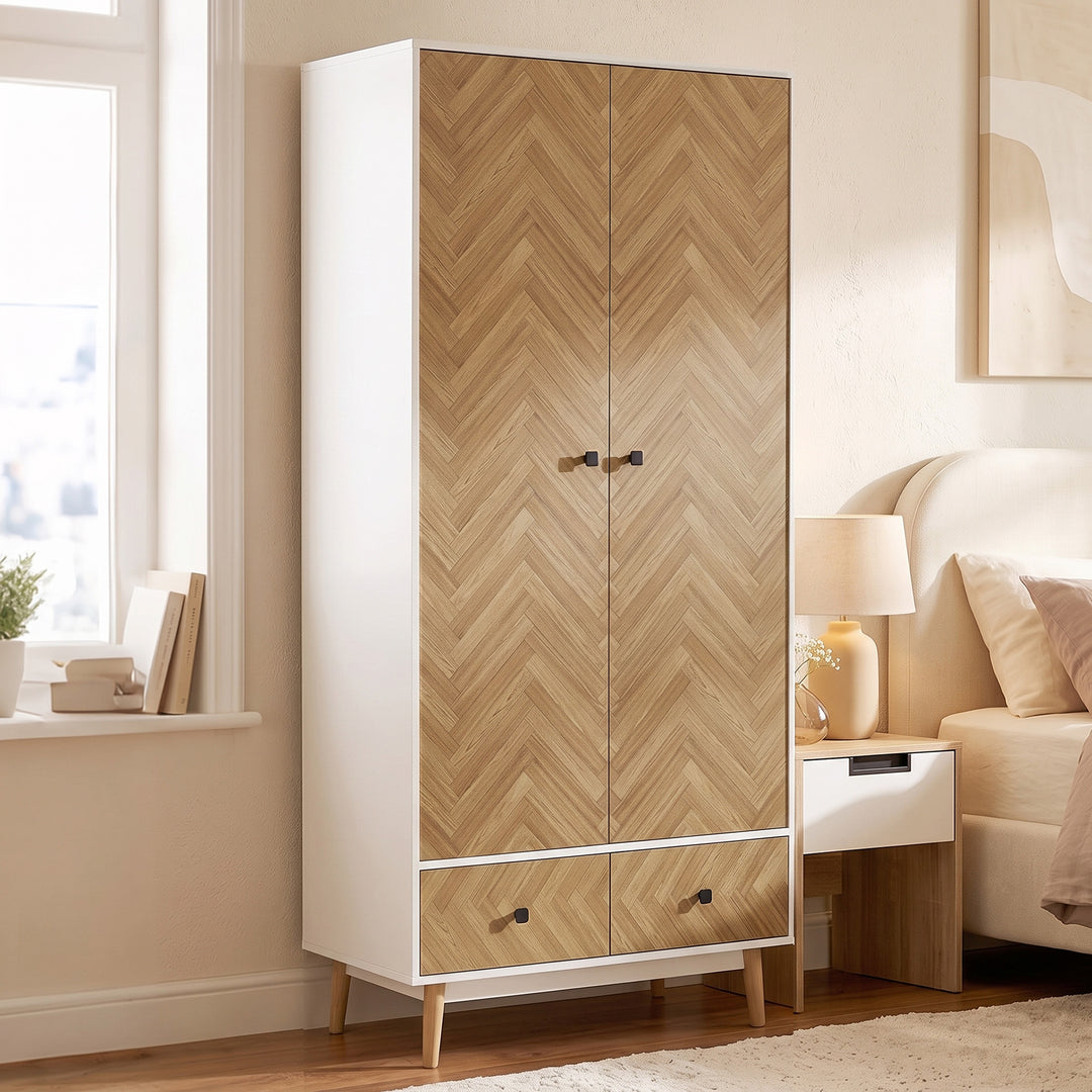 Cabinet Wood-Effect Sticker Surface, Modern Wardrobe with 2 Hanging Ro