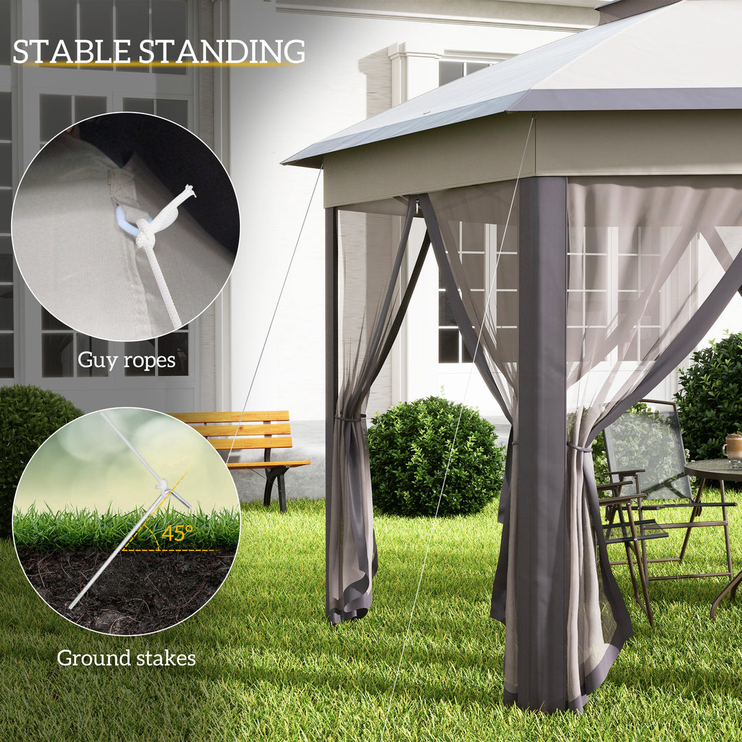 3 x 4m Garden Gazebo Hexagon Pop Up Gazebo Party Tent Canopy Double Roof Instant Shelter with Netting and Carry Bag for Outdoor Patio, Beige