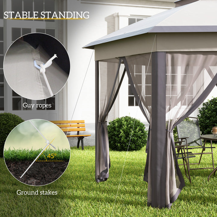 3 x 4m Garden Gazebo Hexagon Pop Up Gazebo Party Tent Canopy Double Roof Instant Shelter with Netting and Carry Bag for Outdoor Patio, Beige