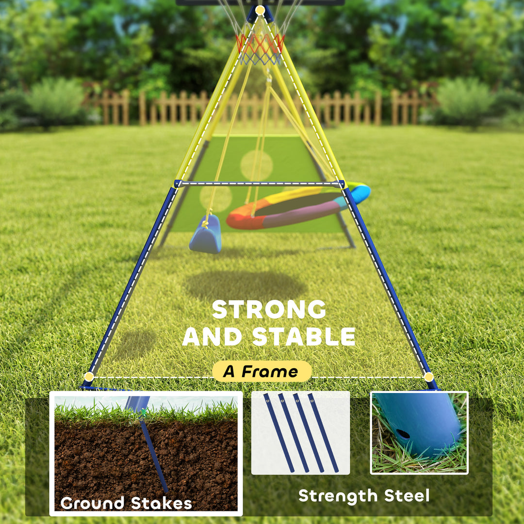 4-in-1 Kids Swing Set with Saucer Swing, Basketball Hoop and Football 