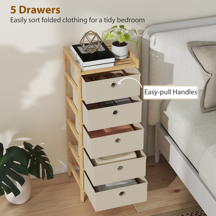 Chest of Drawers, 5 Fabric Drawers Narrow Dresser with Bamboo Frame, C