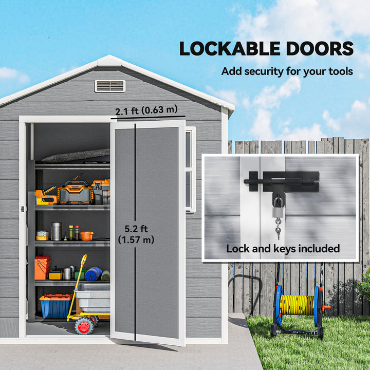6 x 4ft Garden Shed, Plastic Shed with Floor, Window, Lockable Door and Vents, Wood Effect Resin Tool Shed for Outdoor, Grey