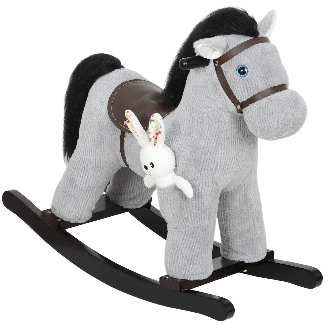 Baby Rocking Horse, Plush Ride on Toy with Handle Grip, Sound and Doll, Toddler Animal Rocker for Kids Aged 2-5