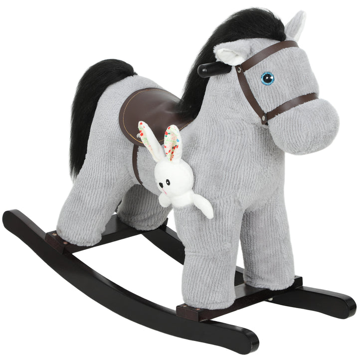 Baby Rocking Horse, Plush Ride on Toy with Handle Grip, Sound and Doll, Toddler Animal Rocker for Kids Aged 2-5