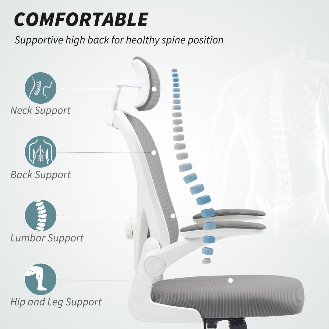 Executive Office Chair, Ergonomic Mesh High Back Desk Chair with Flip-up Armrest, Rotatable Headrest, Adjustable Lumbar Support for Home Study, Grey