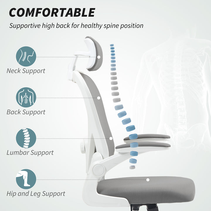 Executive Office Chair, Ergonomic Mesh High Back Desk Chair with Flip-up Armrest, Rotatable Headrest, Adjustable Lumbar Support for Home Study, Grey