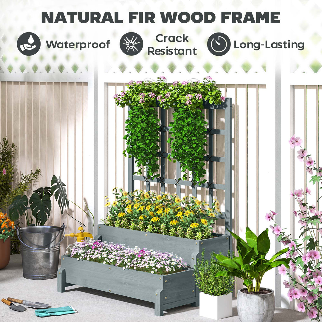 2-Tier Raised Garden Bed with Trellis, Wooden Elevated Planter Box with Drainage Holes, Outdoor Raised Planter for Climbing Plants, Fruits, Vegetables, Flowers, Grey