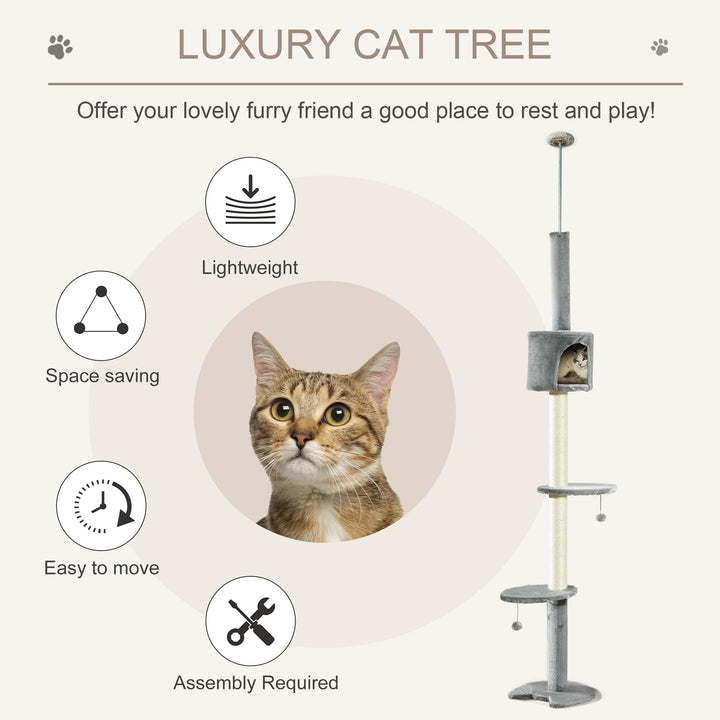 Floor to Ceiling Cat Tree for Indoor Cats, Kitten Tower, Condo, Multi-Layer Activity Center, Indoor Pet Play House with Solid Scratching Post Hanging Balls, Light Grey