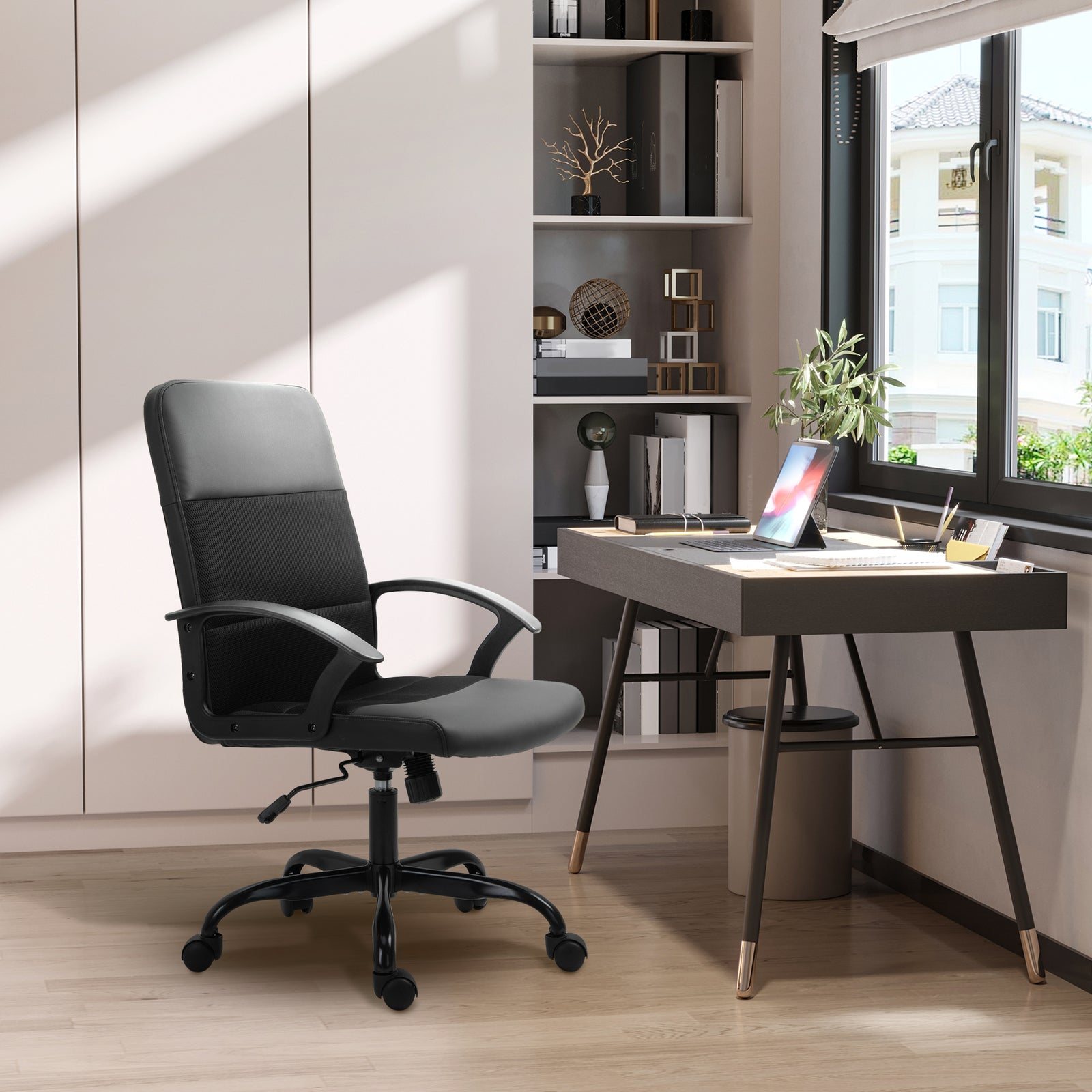 Mesh Office Chair, Faux Leather Desk Chair with Swivel Wheels, Adjustable Height and Tilt Function, Black