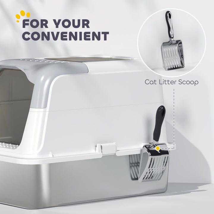 Extra Large Stainless Steel Litter Box, Enclosed Cat Litter Tray with Scoop, Deodorizer Bag, Front-Entry and Top-Exit