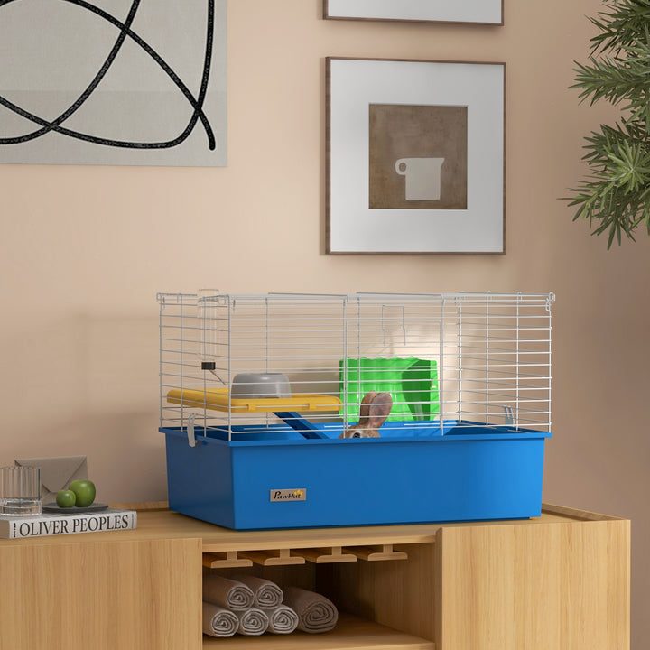 PawHut Chinchillas Small Rabbit Guinea Pig Small Animal Cage, Pet Playhouse, with Platform, Ramp, 71 x 46 x 47cm, Blue | Aosom UK