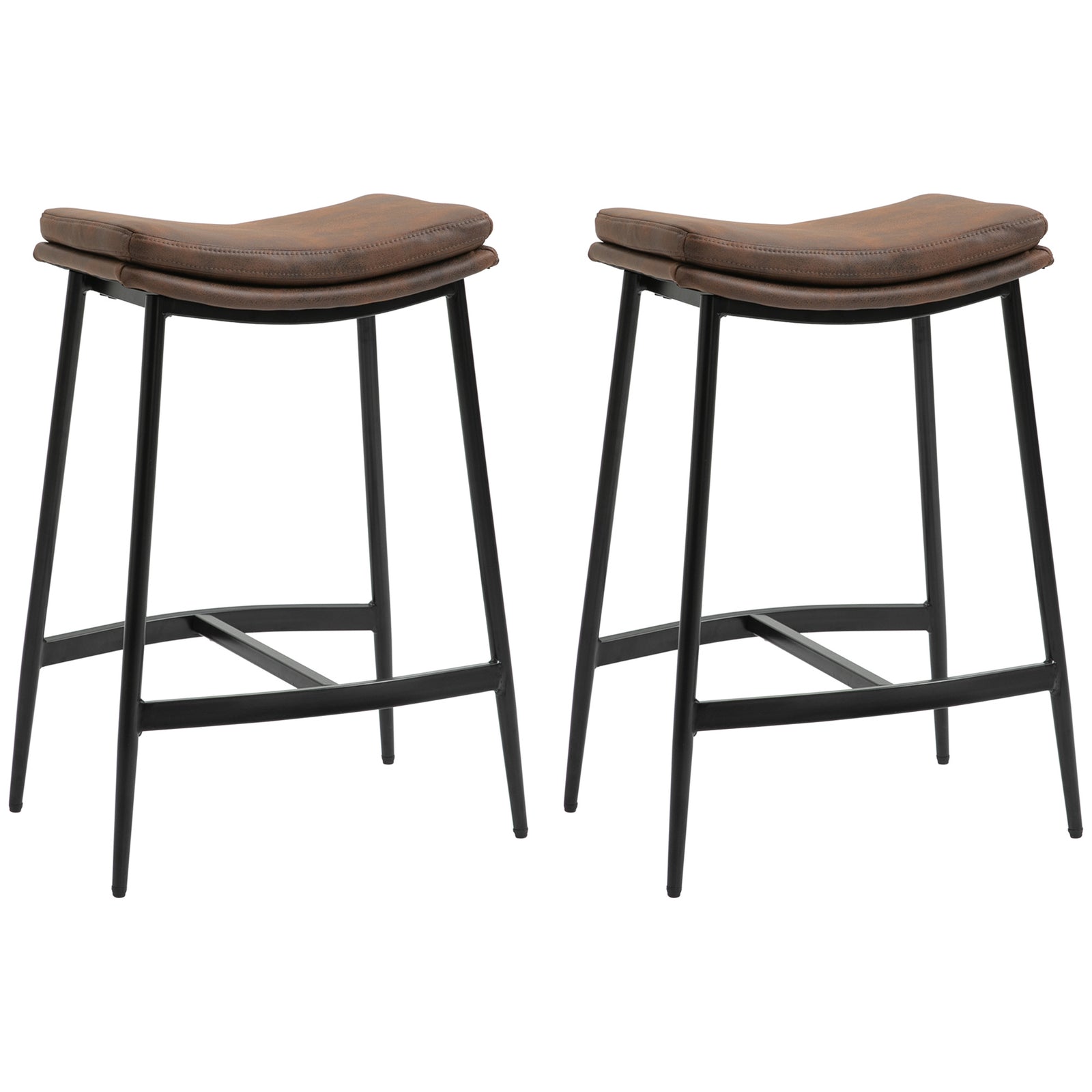 Breakfast Bar Stools Set of 2, Microfibre Upholstered Barstools, Industrial Bar Chairs with Curved Seat and Steel Frame for Dining Room, Kitchen, Brown