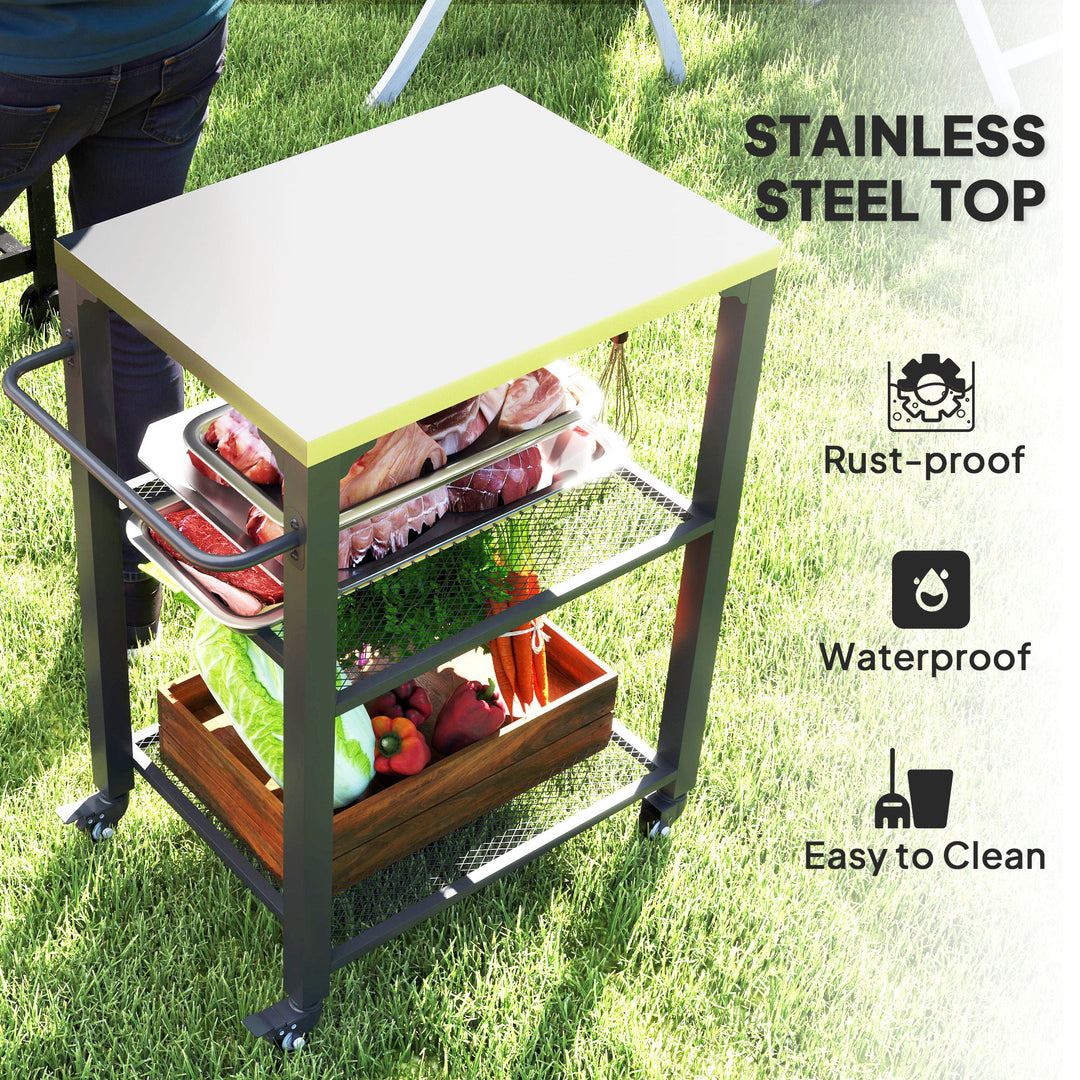 Three-Shelf Outdoor Grill Cart with Stainless Steel Top, Outdoor Kitchen Island with 4 Wheels, 3 Hooks, Movable Food Prep Pizza Oven Table for Kitchen, Patio, Garden, 65.5 x 41 x 79 cm