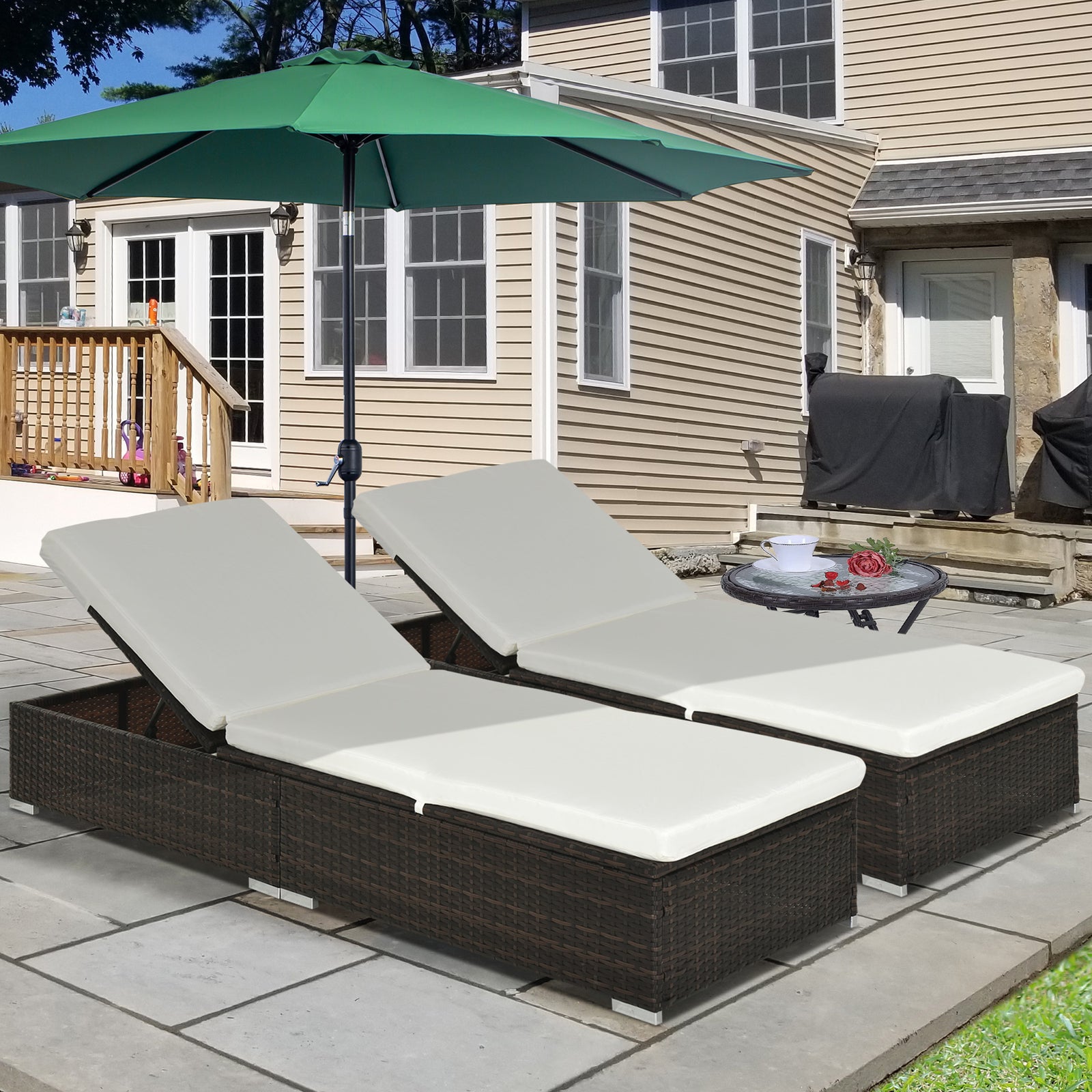 PE Rattan Sun Lounger with Cushion, Outdoor Garden Sunbed Furniture with 5-Level Recliner Backrest, and Armrest, Set of 2, Brown