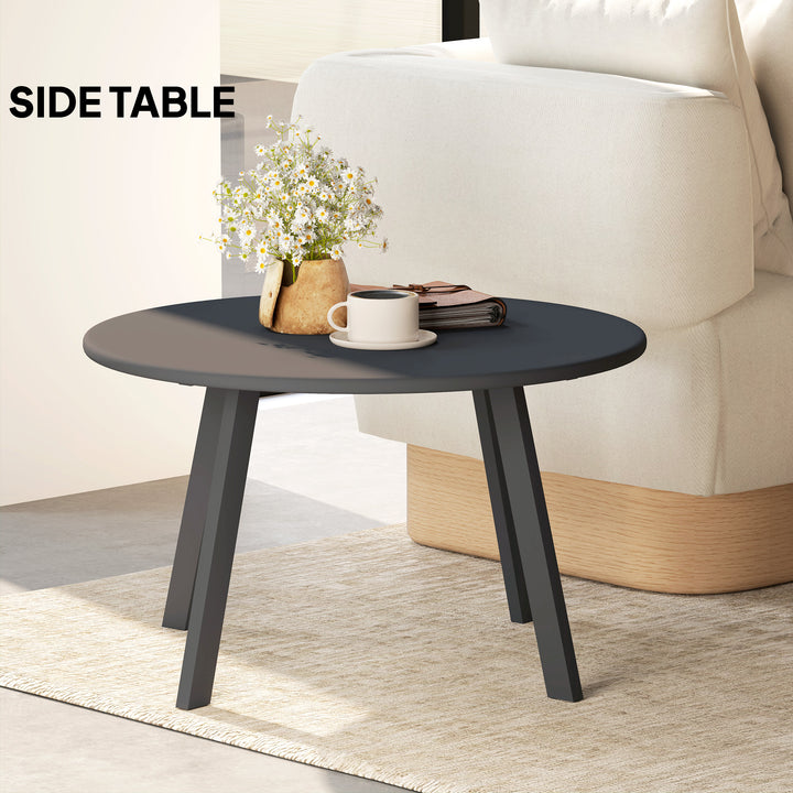 70cm Round Coffee Table, Outdoor Garden Table with Non-Slip Foot Pads and Metal Frame for Garden, Terrace, Balcony, Living Room, Black
