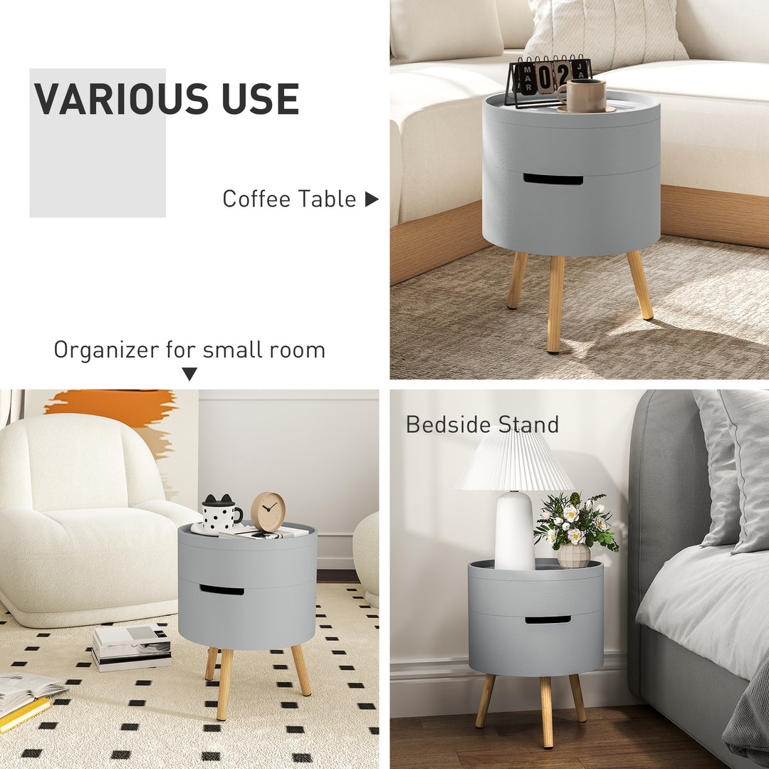 3-Tier Coffee Table, Round End Table with 2 Hidden Compartments and Detachable Tray, Side Table with Storage for Living Room, Grey
