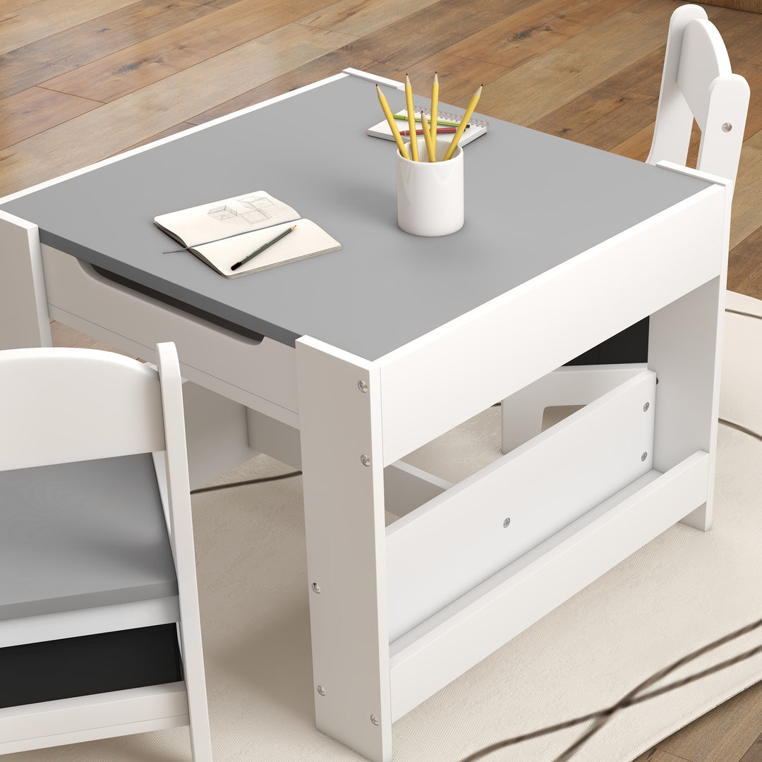 Three-Piece Kids Table and Chair Set with Blackboard, Storage, Bookshelves - Grey