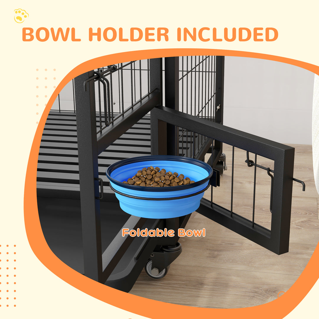 Heavy Duty Dog Crate on Wheels w/ Bowl Holder, Removable Tray, Openable Top, Detachable Door, for M, L Dogs