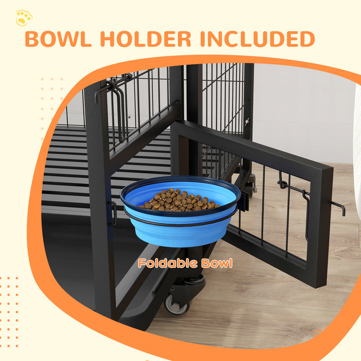 Heavy Duty Dog Crate on Wheels w/ Bowl Holder, Removable Tray, Openable Top, Detachable Door, for M, L Dogs
