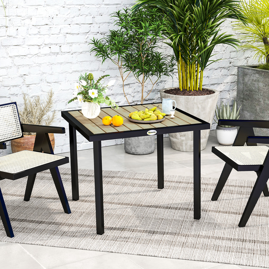 Square Garden Dining Table with 5.4cm Parasol Hole, Slatted Top, Metal Frame, 86 x 86 x 71cm, Brown