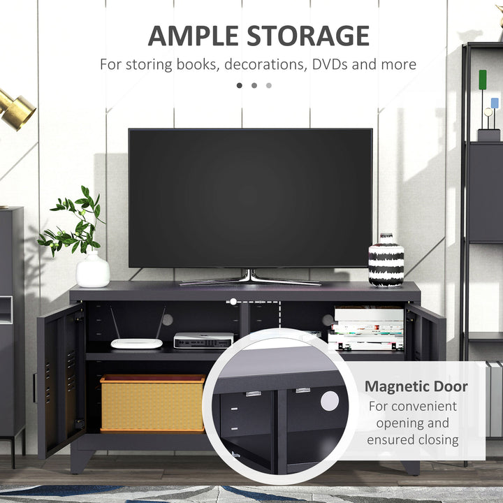 Steel TV Stand Cabinet, Industrial TV Unit for TVs up to 50", TV Table with 2 Doors, Adjustable Shelf and 4 Cable Holes for Living Room, Black