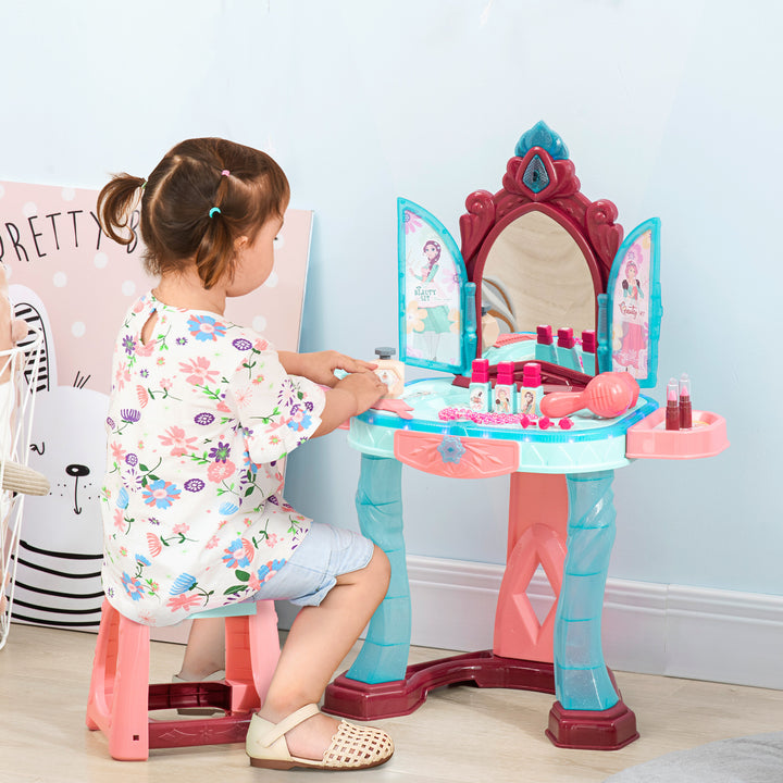 HOMCOM 31 Piece Children's Dressing Table Set with Enchanted Princess Mirror, Musical and Light-Up Beauty Kit, for Ages 3-6, Blue and Pink | Aosom UK