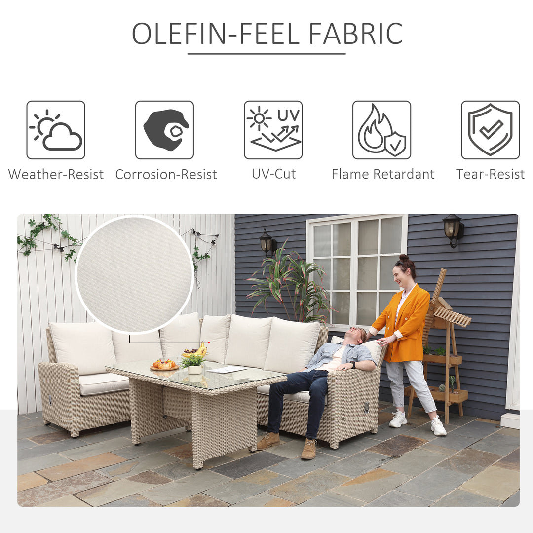 5 PCS Reclining PE Rattan Garden Dining Set Bonzer Patio Furniture w/ Sofa Chairs Glass Table, Olefin Cushions Adjustable Feet Stylish Lounge Conversation