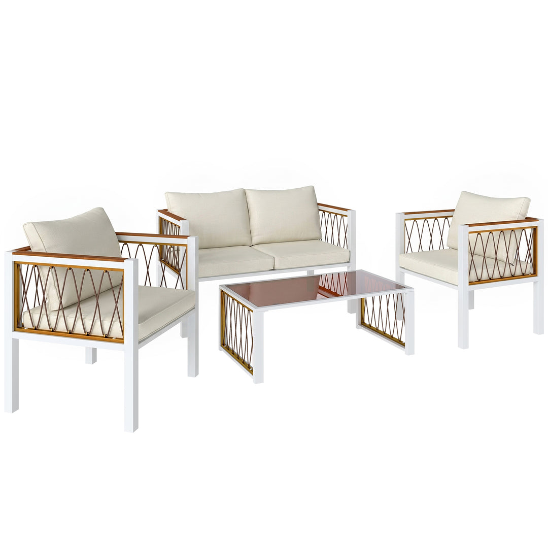 4 Piece Rattan Garden Furniture Set with Loveseat, 2 Armchairs, Cream 