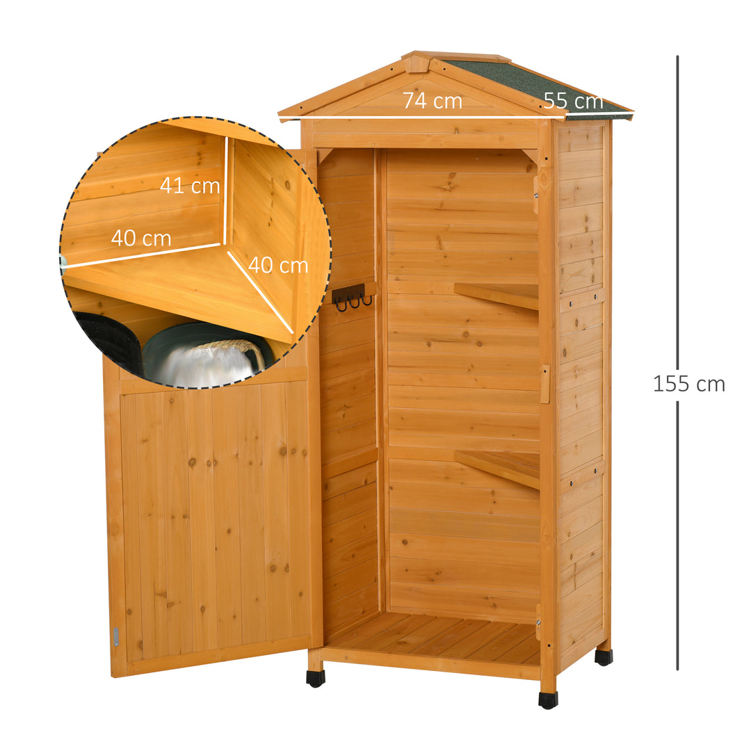 Wooden Garden Shed, Outdoor Storage Cabinet with 2 Shelves and Hooks, Locking Organiser Outdoor Narrow Tool House, 74x55x155cm, Yellow