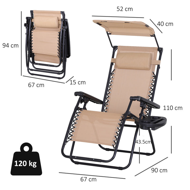 Foldable Reclining Garden Chair with Headrest, Zero Gravity Deck Sun Lounger Seat Chair with Footrest, Armrest, Cup Holder & Canopy Shade, Beige