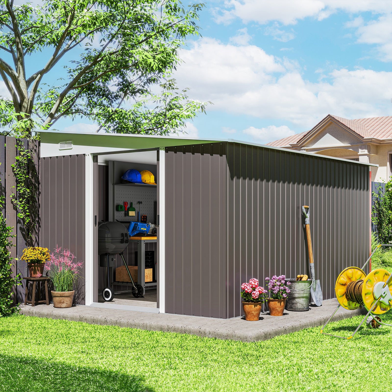 11.3 x 9.2ft Lean to Metal Garden Shed, Outdoor Galvanised Tool Storage House with Double Sliding Doors and 2 Air Vents, Grey