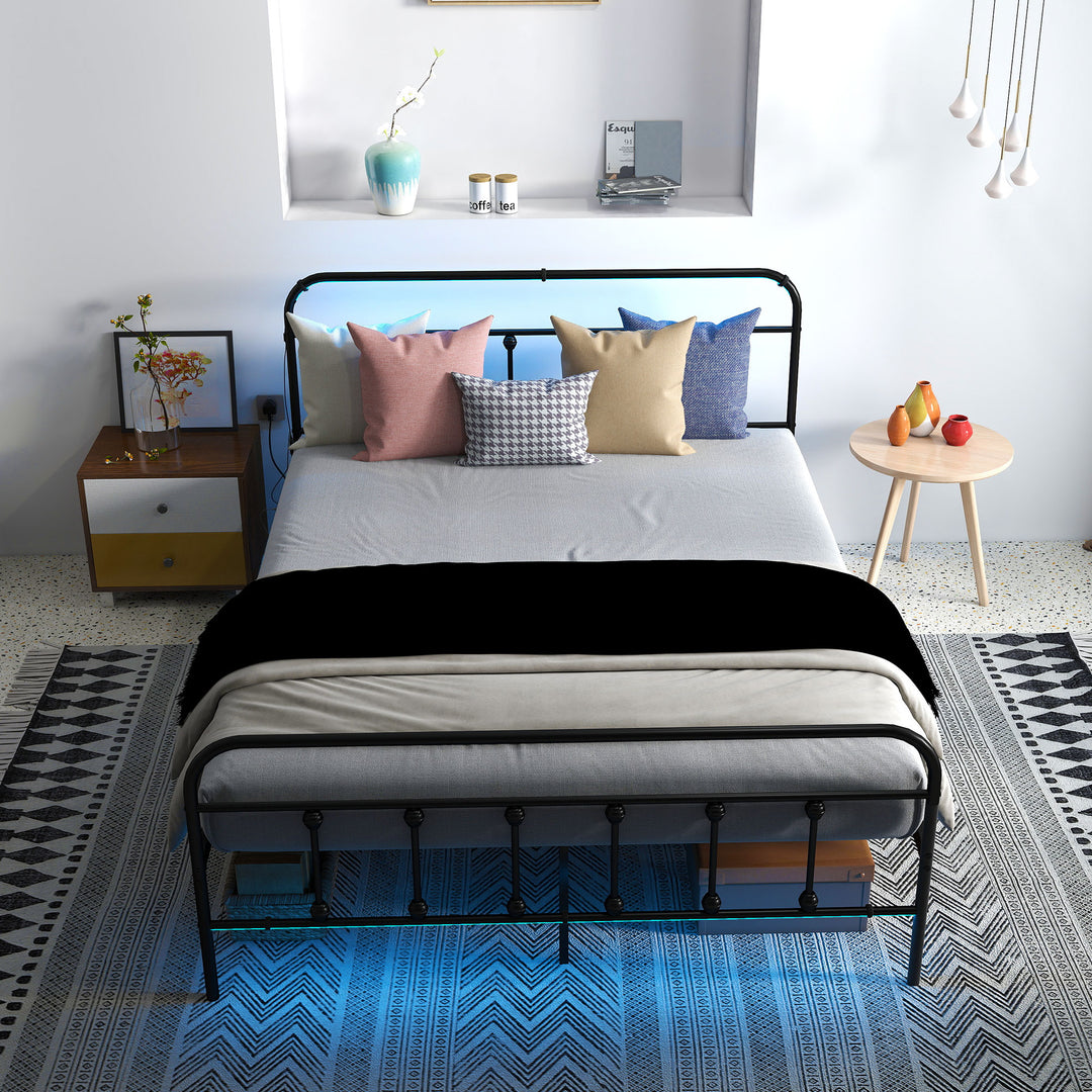 Double Bed Frame with LED Lights and Charging Station, Metal Platform Bed Frame with Under Bed Storage, Black