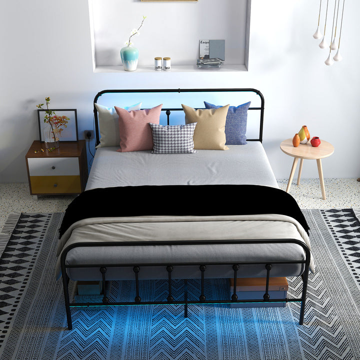 Double Bed Frame with LED Lights and Charging Station, Metal Platform Bed Frame with Under Bed Storage, Black