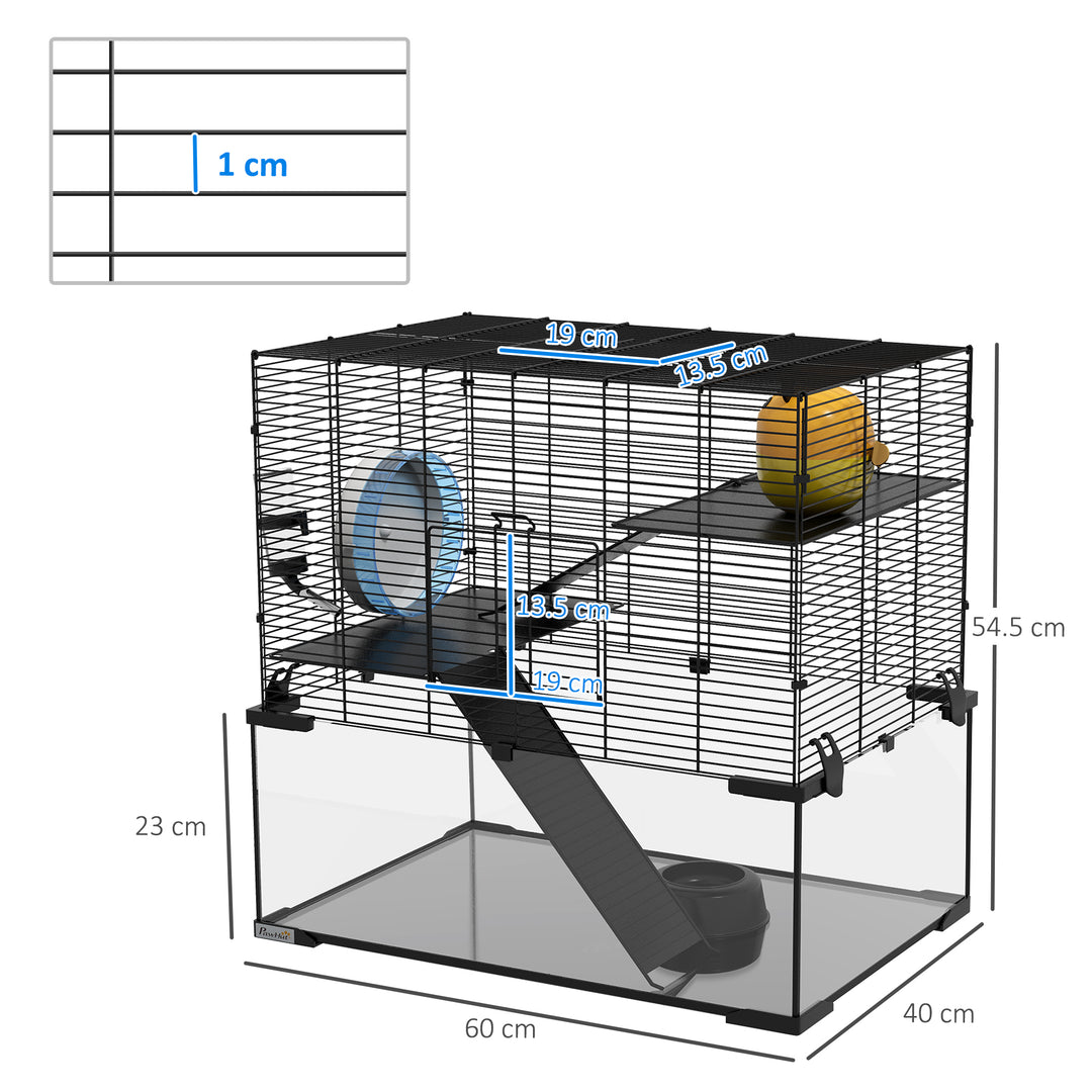 3 Tiers Hamster Cage, Gerbil Cage with Deep Glass Bottom, Non-Slip Ramps, Platforms, Hut, Exercise Wheels, Water Bottle, Dish, for Syrian Hamster, Dwarf Hamster, 60 x 40 x 54.5cm