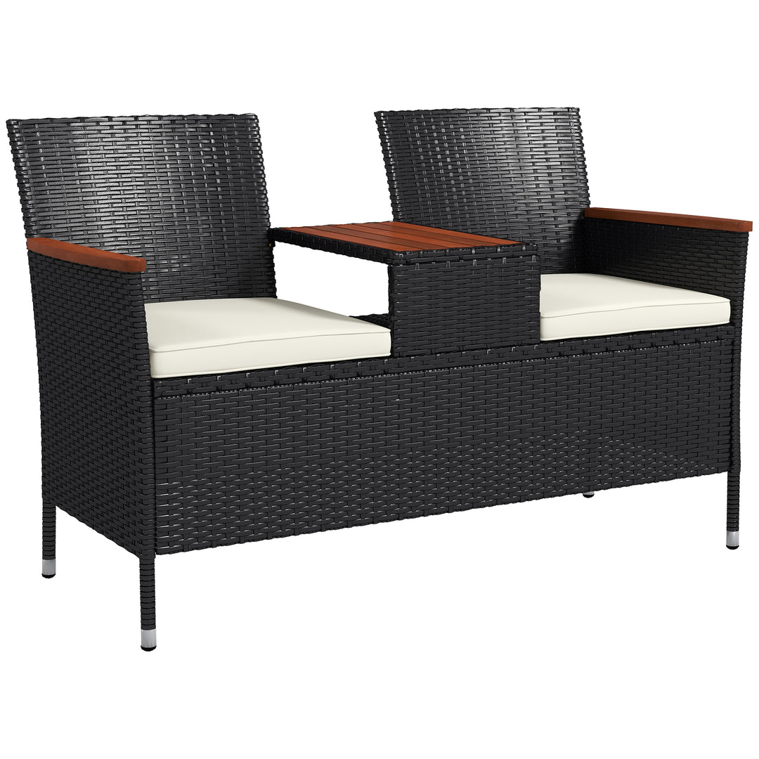 Two-Seat Rattan Loveseat, with Wood-Top Middle Table - Black