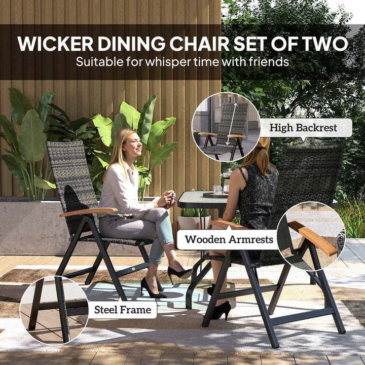 2 Pieces Folding Rattan Garden Dining Chairs with 5-level Reclining High Back, Wood Armrests for Outdoor - Mixed-grey