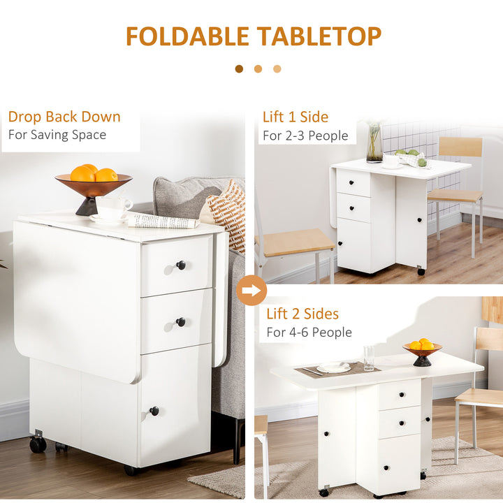 HOMCOM Folding Kitchen Table for 4-6, Rolling Drop Leaf Dining Table with Storage Drawers, Cabinet and Open Shelf, Wheels, White | Aosom UK