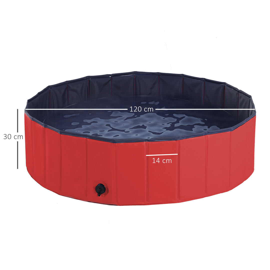 Dog Paddling Pool, Foldable Dog Pool, Leakproof & Hard Plastic, Portable Pet Bathtub with Non-Slip Base & Drainage Hole, for Indoors, Outdoors, Garden, Patio, 120 x 30 cm, Red