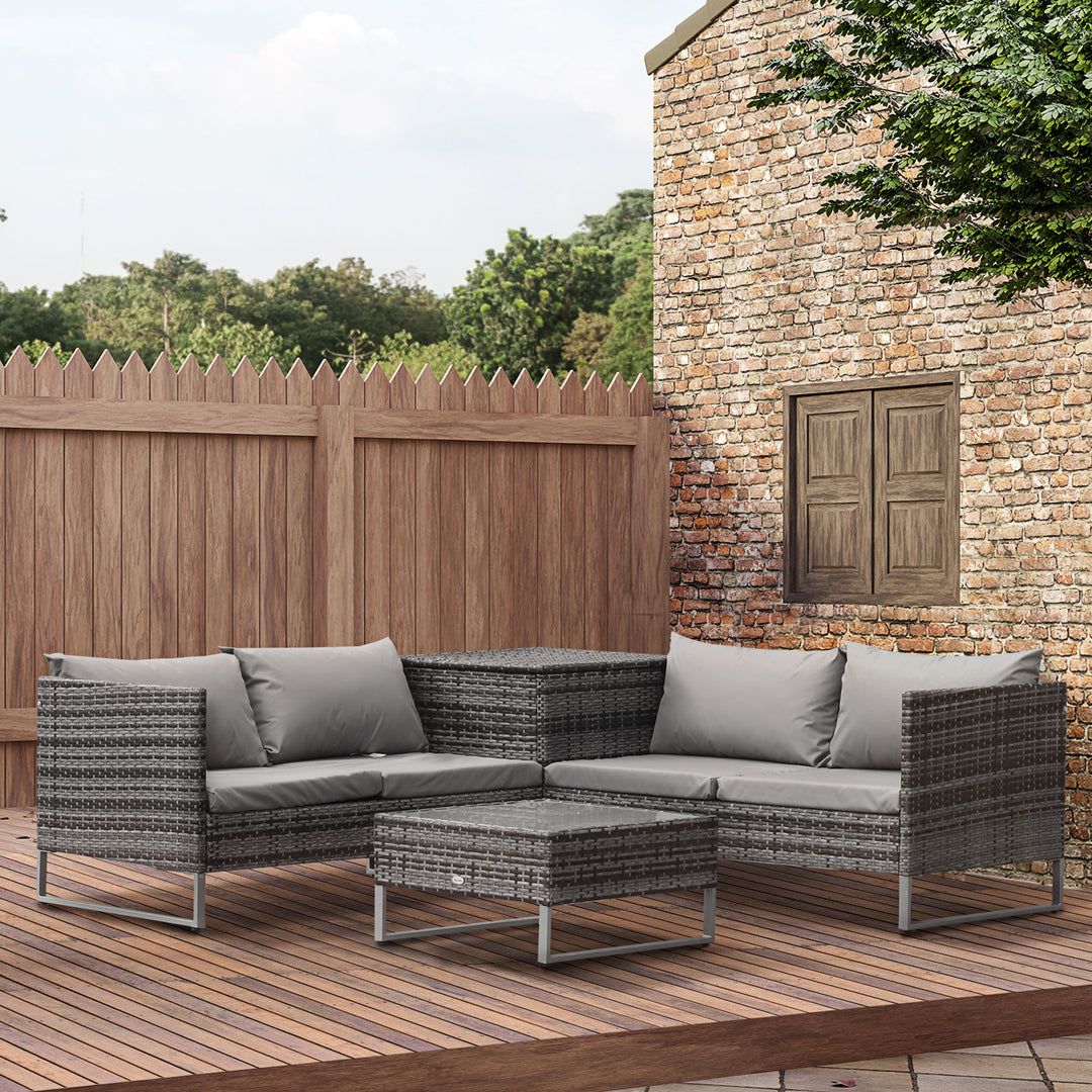 4pc Garden Rattan Wicker Outdoor Furniture Patio Corner Sofa Love Seat and Table Set with Cushions Side Desk Storage, Mixed Grey
