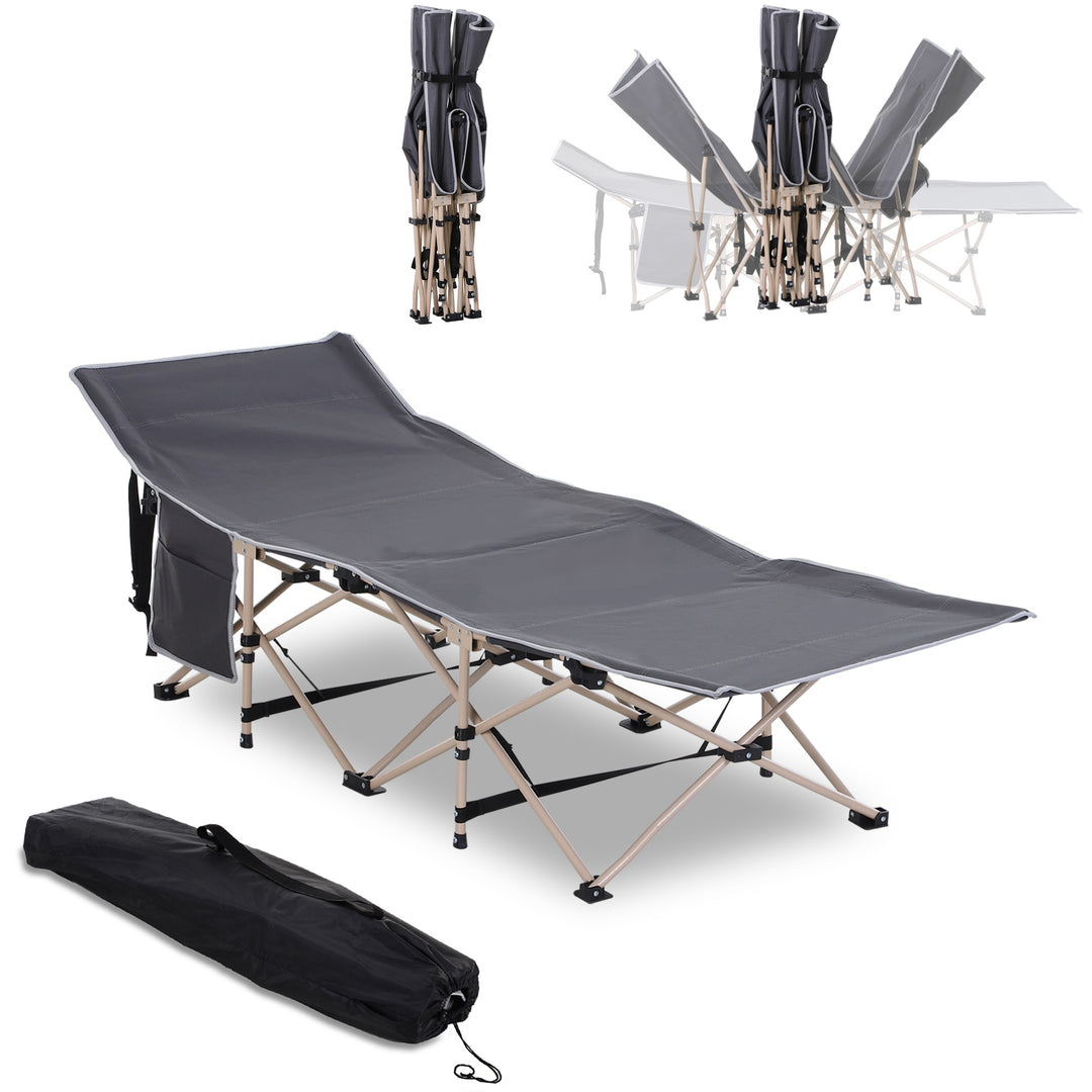 Single Steel Frame Portable Camping Cot, with Carry Bag - Grey