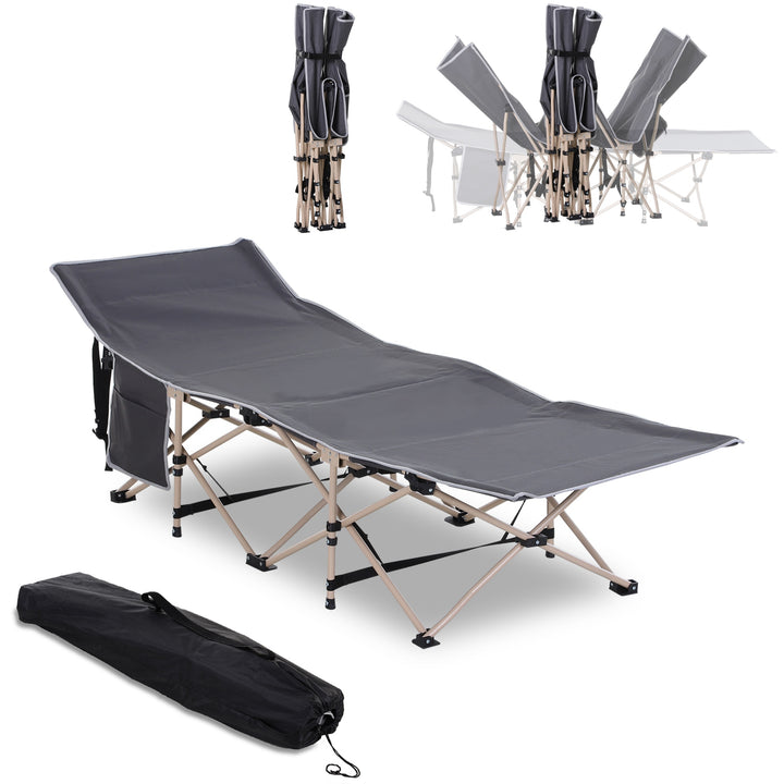 Single Steel Frame Portable Camping Cot, with Carry Bag - Grey