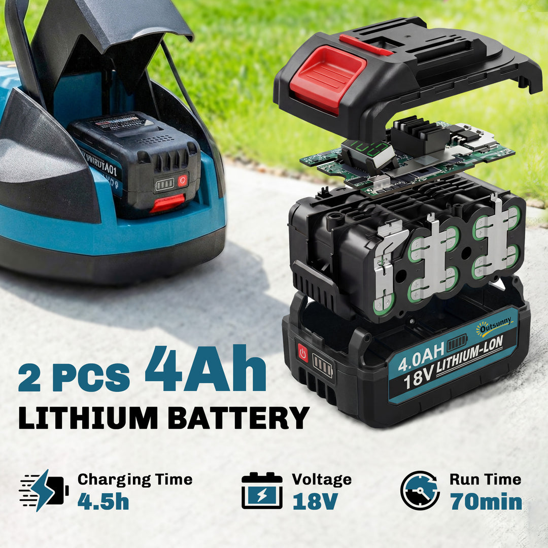 18V Cordless Lawnmower with 2 x 4Ah Batteries &amp; Charger, Battery Lawn 