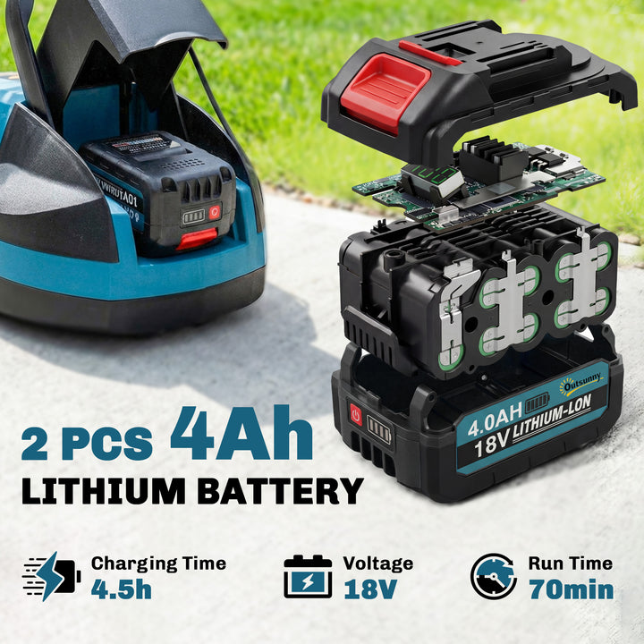 18V Cordless Lawnmower with 2 x 4Ah Batteries &amp; Charger, Battery Lawn 