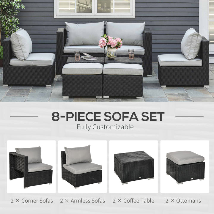 MCL 8 Pieces PE Rattan Sofa Set with Cushions, Garden Corner Sofa with 4 Seater Sofa, 2 Footstools and 2 Coffee Table Set, Space-saving Design, No Assembly Required, Black