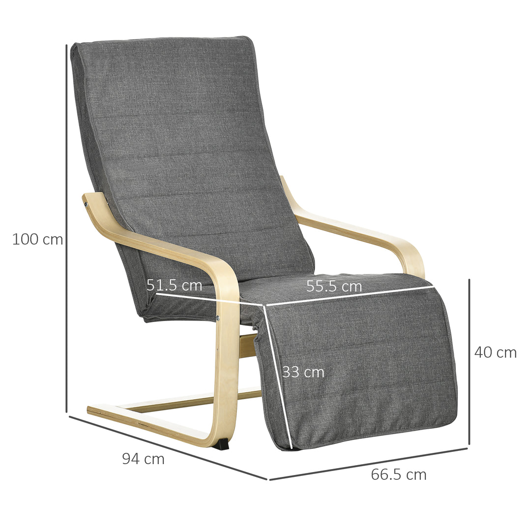 Wooden Armchair, Upholstered Linen Lounge Chair with Adjustable Footrest & Removable Cushion, Poang Chair for Living Room, Dark Grey